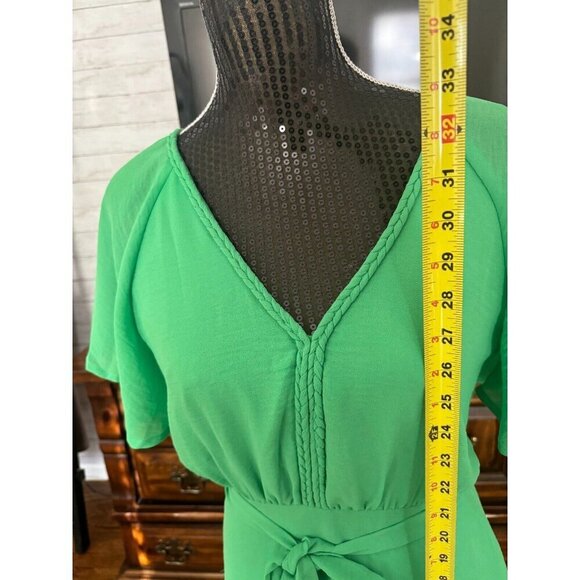 Gilli Green Vneck Braided Trim Waist Tie Mini Dress Womens Size M - Picture 4 of 7